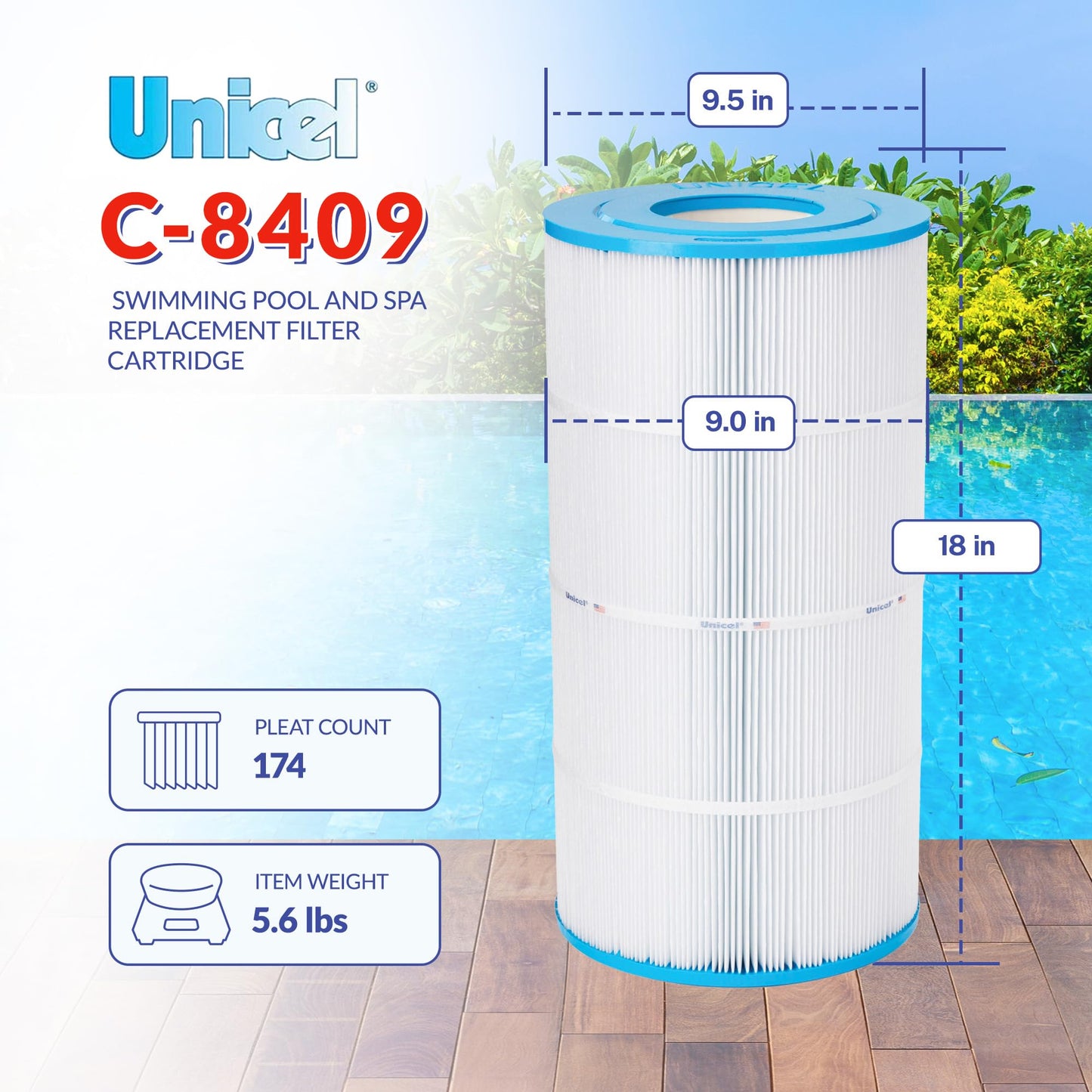 Unicel C-8409 90 Square Foot Media Replacement Pool Filter Cartridge with 174 Pleats, Compatible with Hayward Pool Products, Sta-Rite, and Waterway