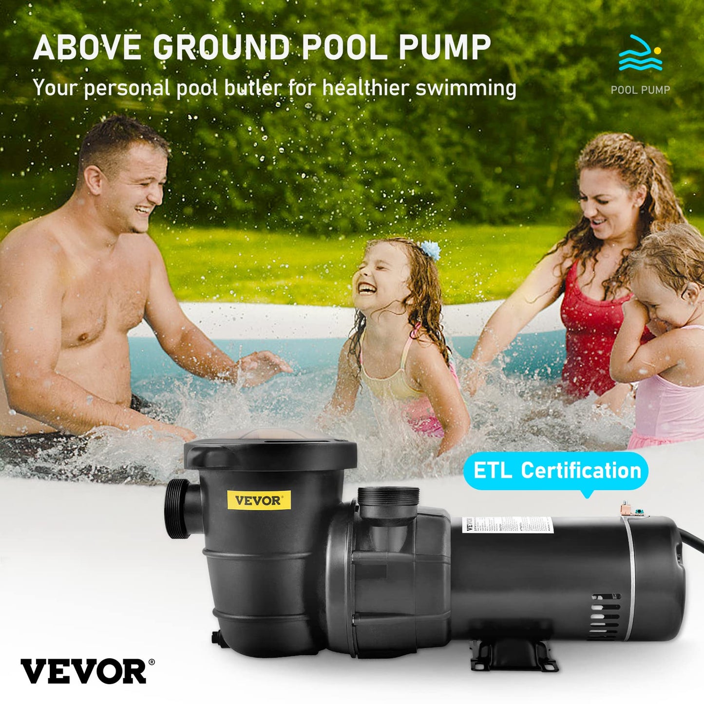 VEVOR Swimming Pool Pump, 1.5 HP 115 V, 1100 W Single Speed Pumps for Above Ground Pool w/Strainer Basket, 5280 GPH Max. Flow, Certification of ETL for Security