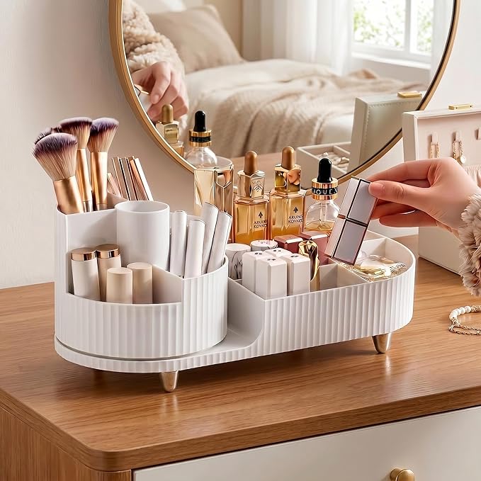 Booklov Rotating Makeup Caddy Organizer for Vanity, Large Capacity Cosmetic Display Case,Countertop Beauty Storage Holder for Skincare, Brush Eyeshadow Lipstick, Counter Desk Organization, White