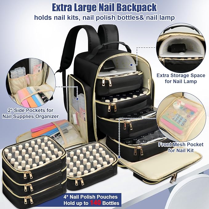 Nail Polish Organizer Backpack Holds 140 Bottles& UV Lamp, Extra Large Nail Art Supplies Storage Bag with 4 Removable Sponge Pouches, Travel Carry Case for Gel Polishes, Nail Tools& Nail Kits
