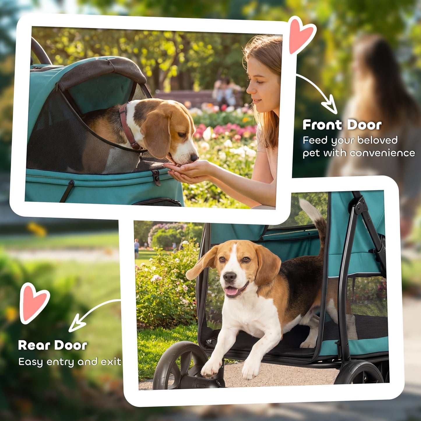 PawHut 3 Wheel Pet Stroller, Dog Stroller Dual Entry, Easy One-Click Quick Fold, All-Terrain Wagon Cart with Air Mesh, Washable Cushion, for Small and Medium Dogs and Cats Up to 44 lbs, Dark Green