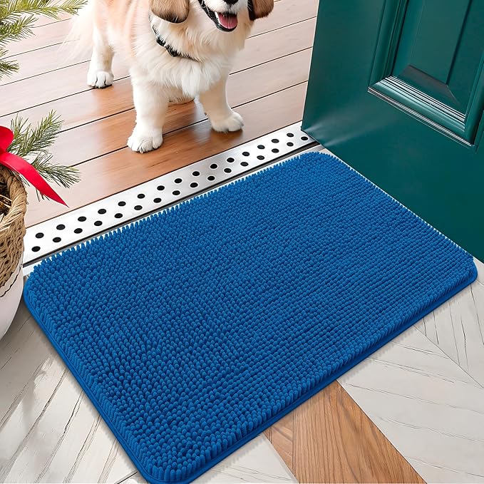 OLANLY Dog Door Mat for Muddy Paws 30x17, Absorbs Moisture and Dirt, Absorbent Non-Slip Washable Doormat, Quick Dry Chenille Mud Mat, Entry Indoor Entryway Carpet for Inside Floor, Deep Navy Blue