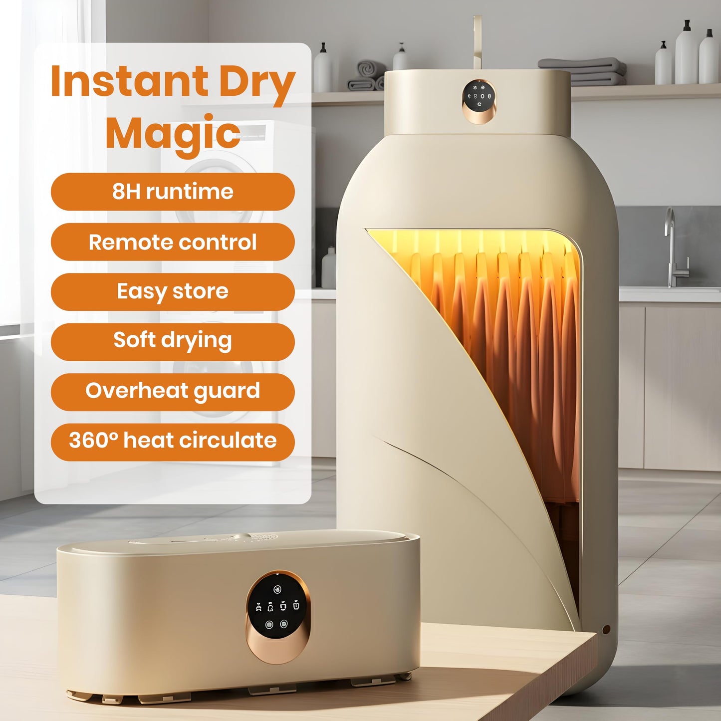 Portable Clothes Dryer, Clothes Dryer Hold 12 Items, With 4 Time Setting, Remote Control, Portable Dryers For Laundry, Apartments, RV, Travel, Low noise, Energy Saving