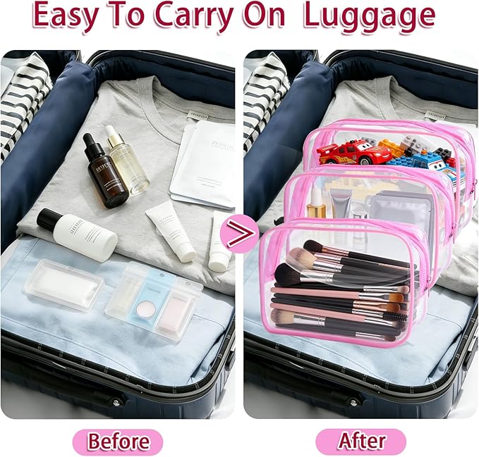 12 Pieces Clear Makeup Bags Bulk, TSA Approved Toiletry Bag PVC Cosmetic Toiletries Pouch with Zipper, Waterproof Vinyl Plastic Organizer Case for Carry-on Travel Essentials (Pink Medium)