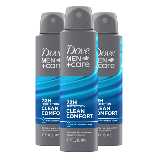 Dove Men+Care Antiperspirant Deodorant Dry Spray Clean Comfort For Men 72-hour Sweat and Odor Protection with Triple Defense Technology, 3.8 Ounce (Pack of 3)