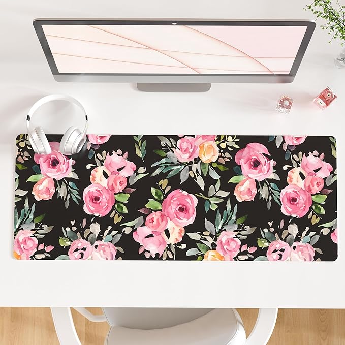 QIYI Large Mouse Pad, Floral Desk Mat for Desktop, Women Girls Watercolor Pink Flowers Office D??cor Desk Accessories, PU Leather Waterproof Gaming Mousepad, Black Desk Pad Computer Mat, 31.5" x 11.8"