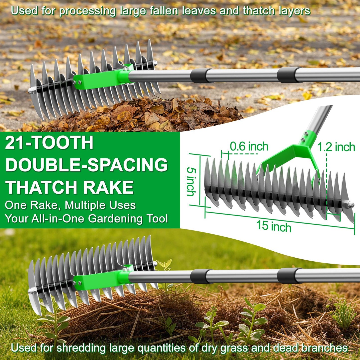 Thatch Rake for Lawn with 68" Adjustable Handle, 15" Heavy Duty Dethatcher Rake for Lawn, Thatching Rake with Dual-Action Tines, Dethatching Rake for Efficiently Removes Dead Grass, Loosens Soil