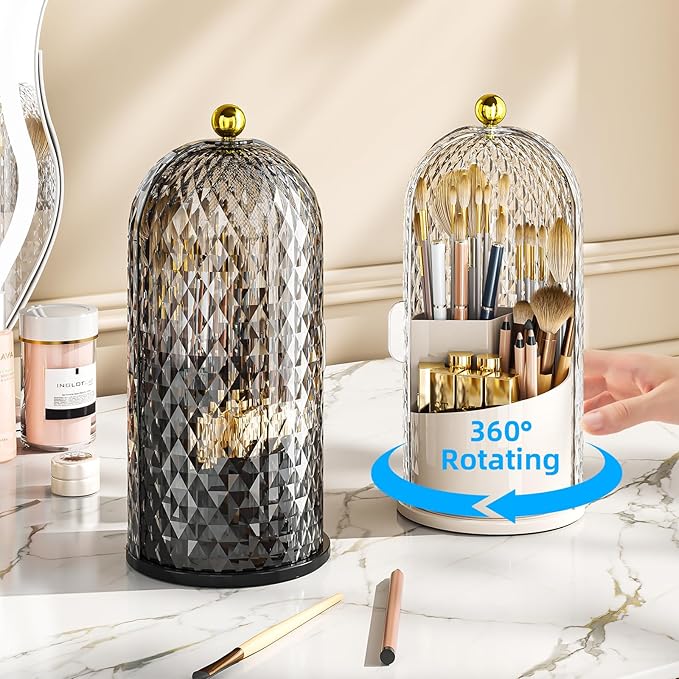 Dustproof Toothbrush Holder with Lid, 360 Rotating Countertop Electric Toothbrush Toothpaste Holders with Cover for Bathroom, 3 Slots Makeup Brush Holder with Lid for Vanity, Black