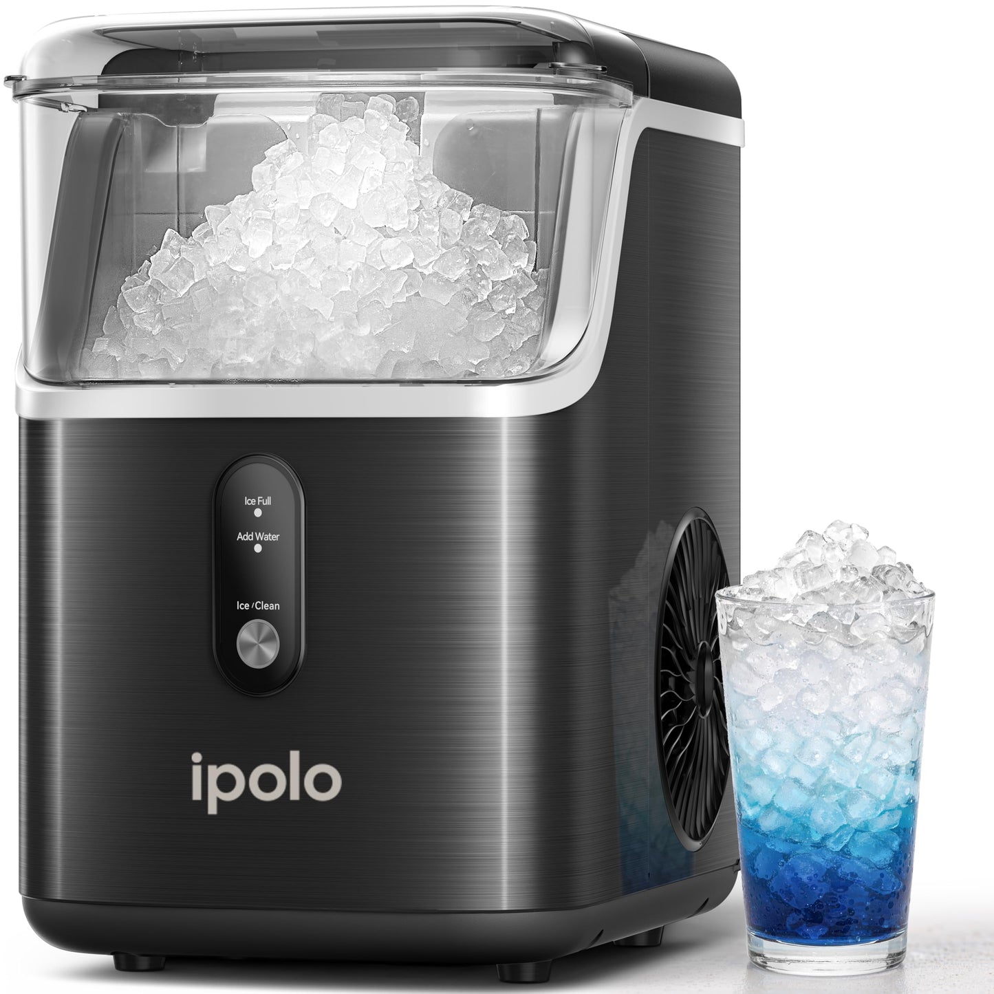 ipolo Nugget Ice Maker Countertop: 33lb/Day, Self-Cleaning, Black Stainless Steel, Portable, Soft Chewable Pebble Ice Machine for Home Kitchen, RV & Office