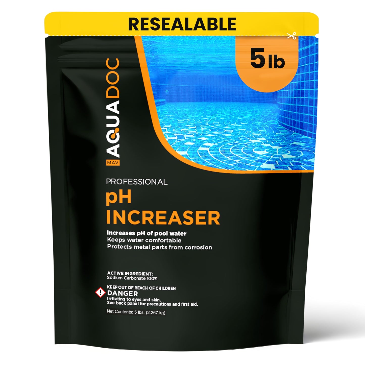 MAV AquaDoc pH Up for Swimming Pools - 5lb - pH Increaser for Pool Water - Sodium Carbonate Soda Ash for Swimming Pools - Pool Chemicals Made in the USA