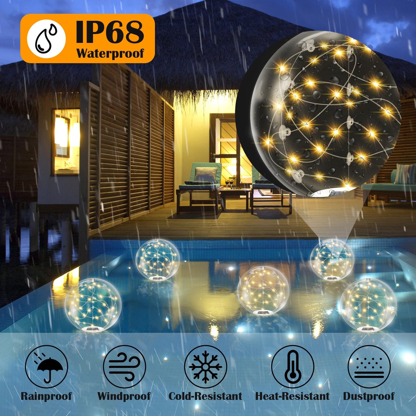afzdby Floating Pool Lights Solar Powered,14 Inch 3000K Warm White Inflatable Glow in The Dark Balls,IP68 Waterproof Led Light up for Inground Pool,Christmas Decorations Outdoor Ornaments
