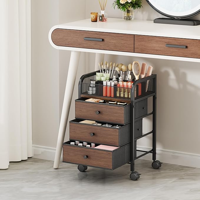SWTYMIKI Rolling Makeup Organizer Cart - 14.96Ã¢ÂÂ³*11.81Ã¢ÂÂ³*23.03Ã¢ÂÂ³ Widened Under Desk Vanity Storage with 3 Non-woven Drawers, Cosmetic Display Cases for Skin Care Perfume Nail Polish Brush Hair Tool Black