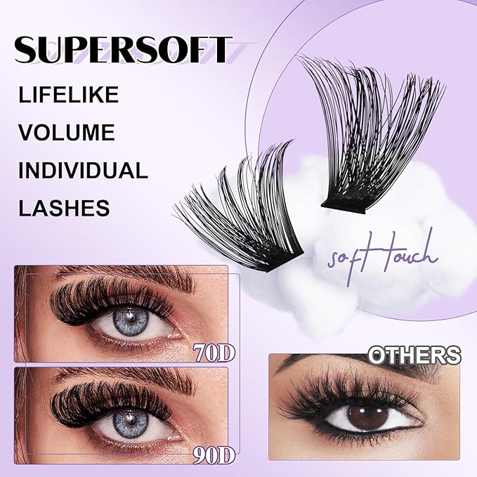 B&Q Volume Lash Clusters 70D+90D, Supersoft Eyelash Clusters 10-18mm, D Curl Cluster Eyelash Extensions, Wispy Cat Eye Lashes Fluffier Individual Lashes for Beginners（70D+90D）