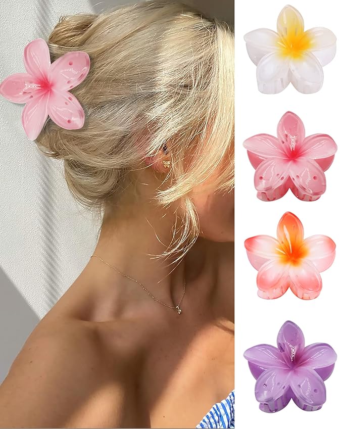 Flower Hair Claw Clips-4PCS for Thick Hair,Strong Hold Nonslip,Hawaiian,Cute Large Hair Clips,Banana Clip for Thin Hair,Hair Accessories for Women Girls Holiday Gifts (A-4pcs large colorful