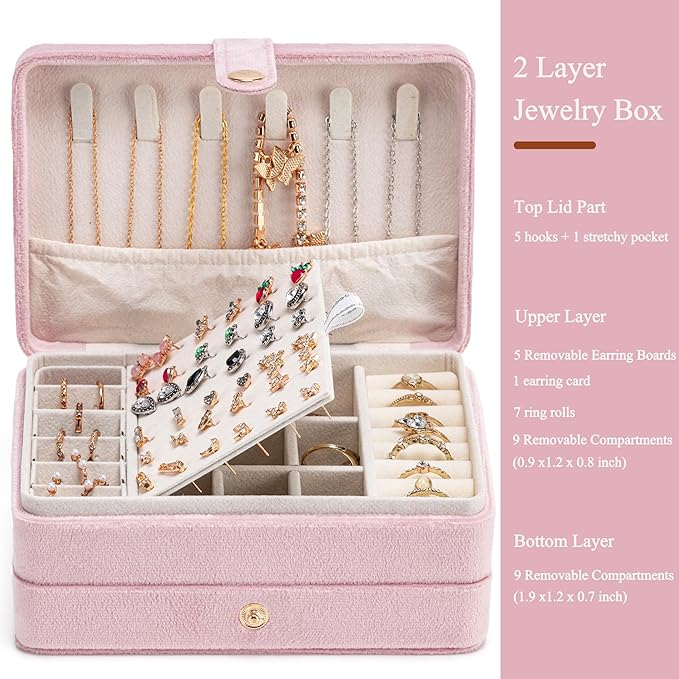MODENGKONGJIAN Jewelry Organizer Box, 2-Layer Large Jewelry Storage Case, Portable Travel Jewelrys Display Holder for Earrings, Necklaces, Bracelets (Pink,Velvet)