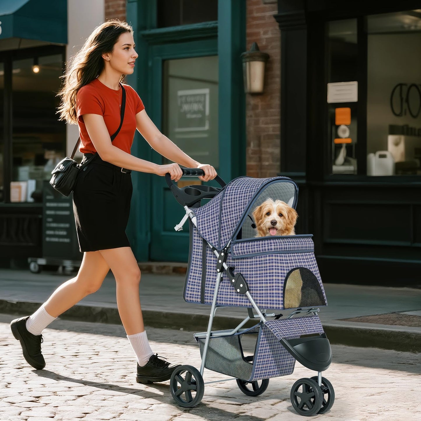 Pet Stroller for Small Dogs 10 lbs, Dog Stroller for Medium Dogs 30 lbs, Cat Strollers for 2 Cats, 3 Wheels Foldable Jogger Puppy Stroller with Storage Basket and Cup Holder, Plaid