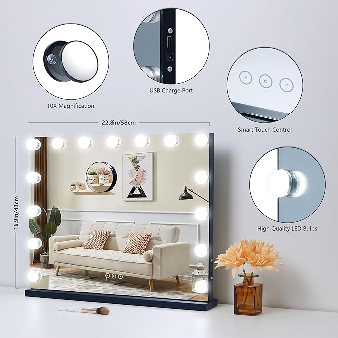 Vanity Mirror with Lights Lighted Makeup Mirror with 15 Dimmable LED Bulbs,3 Color Lighting Modes,USB Charging Port Touch Control,Sturdy Metal Frame Design 22.8x18 Inch,Black