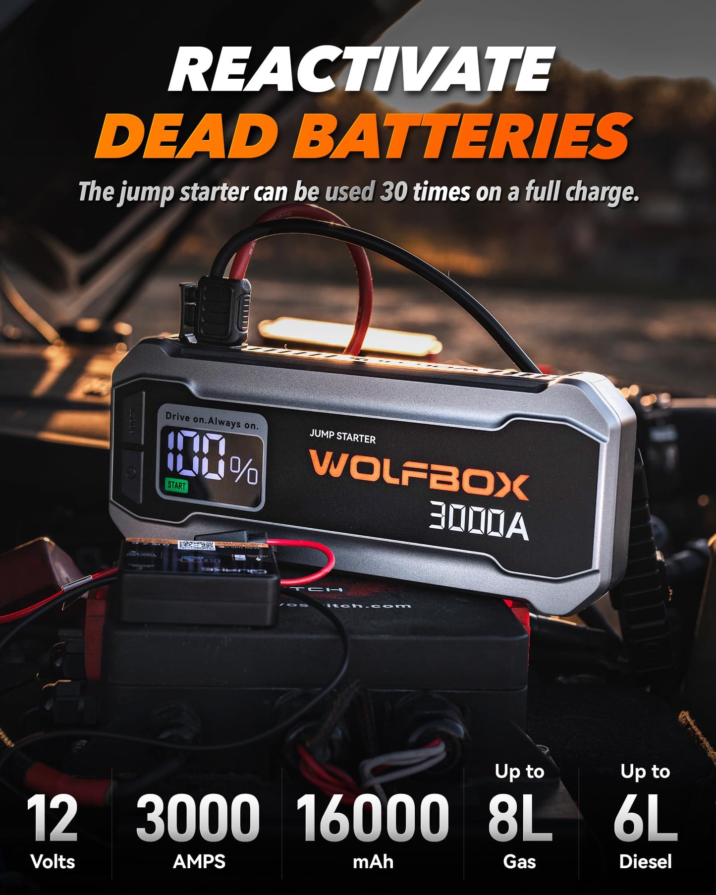WOLFBOX 3000A Jump Starter,12V Car Battery Jump Starter with 65W Quick Charger,LED Display,59.2Wh Portable Jump Starter Battery Pack(8L Gas 6L Diesel Engine) with Booster,LED Light,Jumper Cables