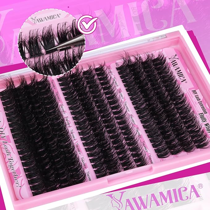 Yawamica Fluffier Eyelash Clusters Wispy Lash Extension 60D+80D+90D Thick Volume Individual Lashes D Curly 12-18mm Cluster Eyelash Extensions 240pcs DIY Lash by Self