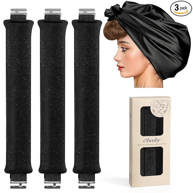 Heatless Curlers, Heatless Curls Overnight Set for Women, No Heat Hair Curlers to Sleep In, Jumbo Overnight Curls with Blowout Rods for Long Hair (Black, 3 Pack Curling Rod with 1 Scarf)