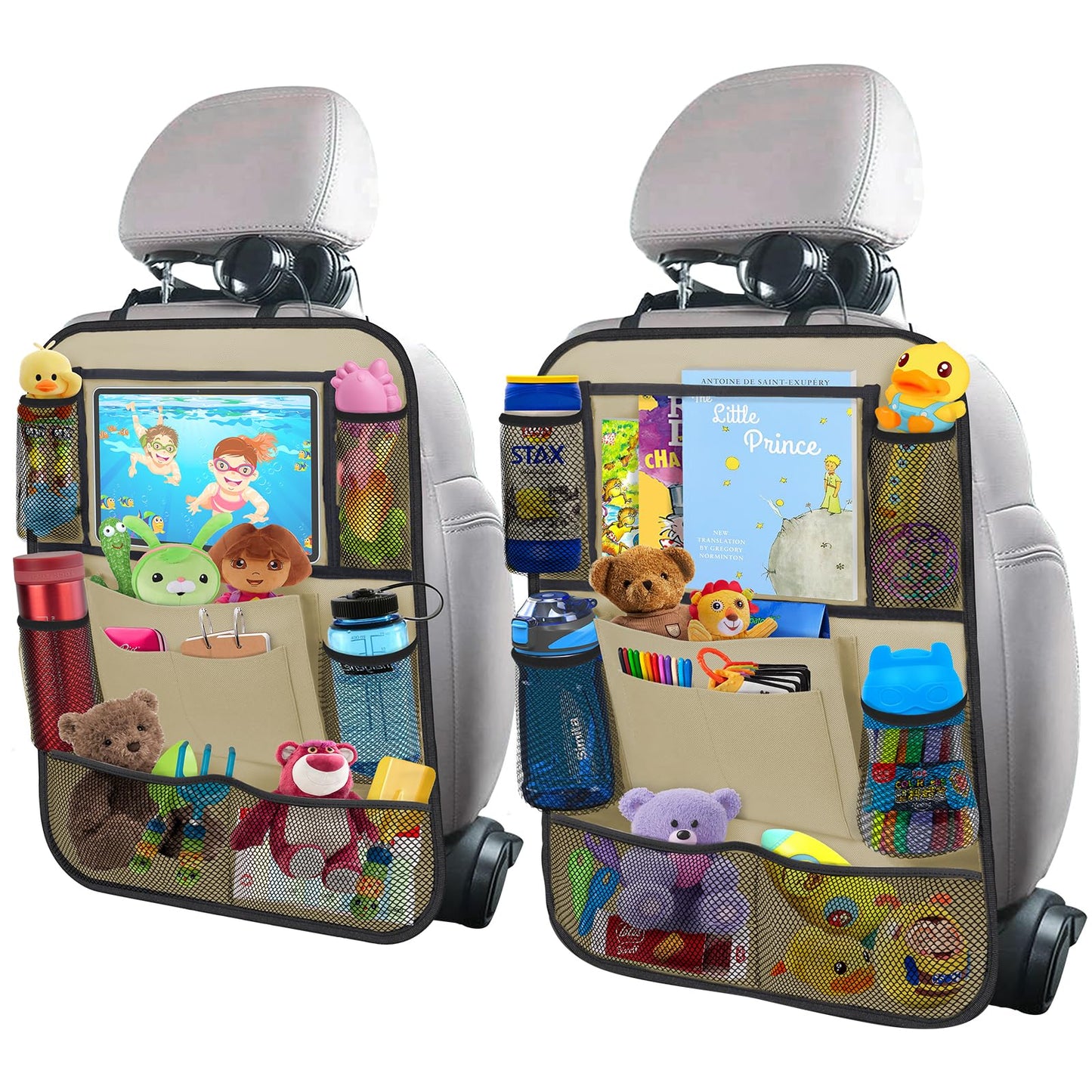 ULEEKA Car Backseat Organizer with 11" Table Holder, 10 Storage Pockets Seat Back Protectors Kick Mats for Kids Toddlers, Travel Accessories, 2 Pack, Beige