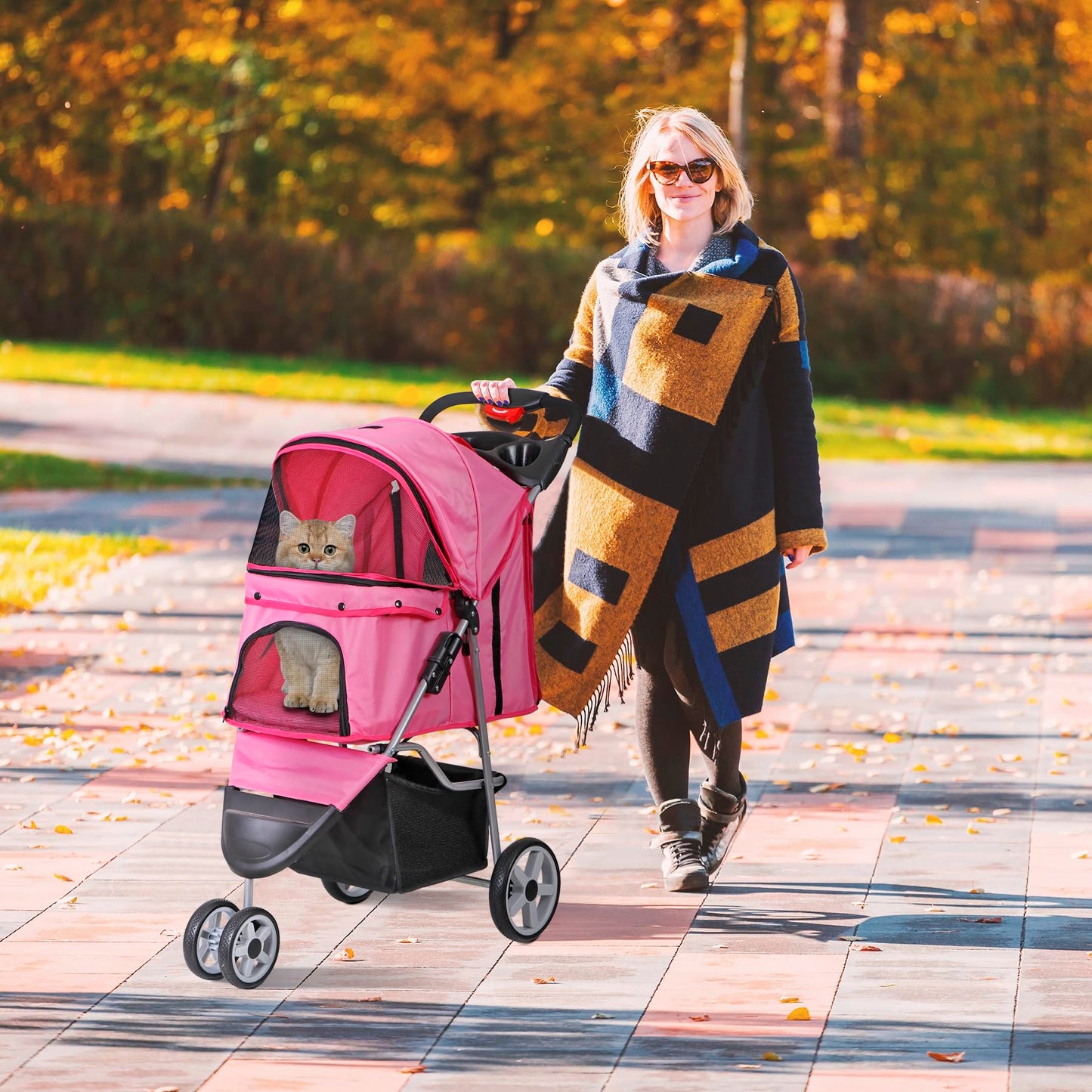 Foldable Pet Stroller for Cats and Dogs 3 Wheels Carrier Strolling Cart with Weather Cover, Storage Basket + Cup Holder (Pink)