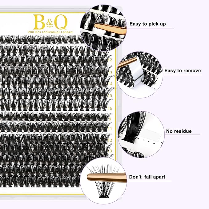 B&Q Lash Clusters 280PCS Natural Eyelash Clusters 40D 50D D 9-16 Individual Lash Wispy Eyelash Extension with Soft Thin Band Classic Look Pestañas Postizas Comfortable DIY at Home(40D+50D-D-9-16MIX)