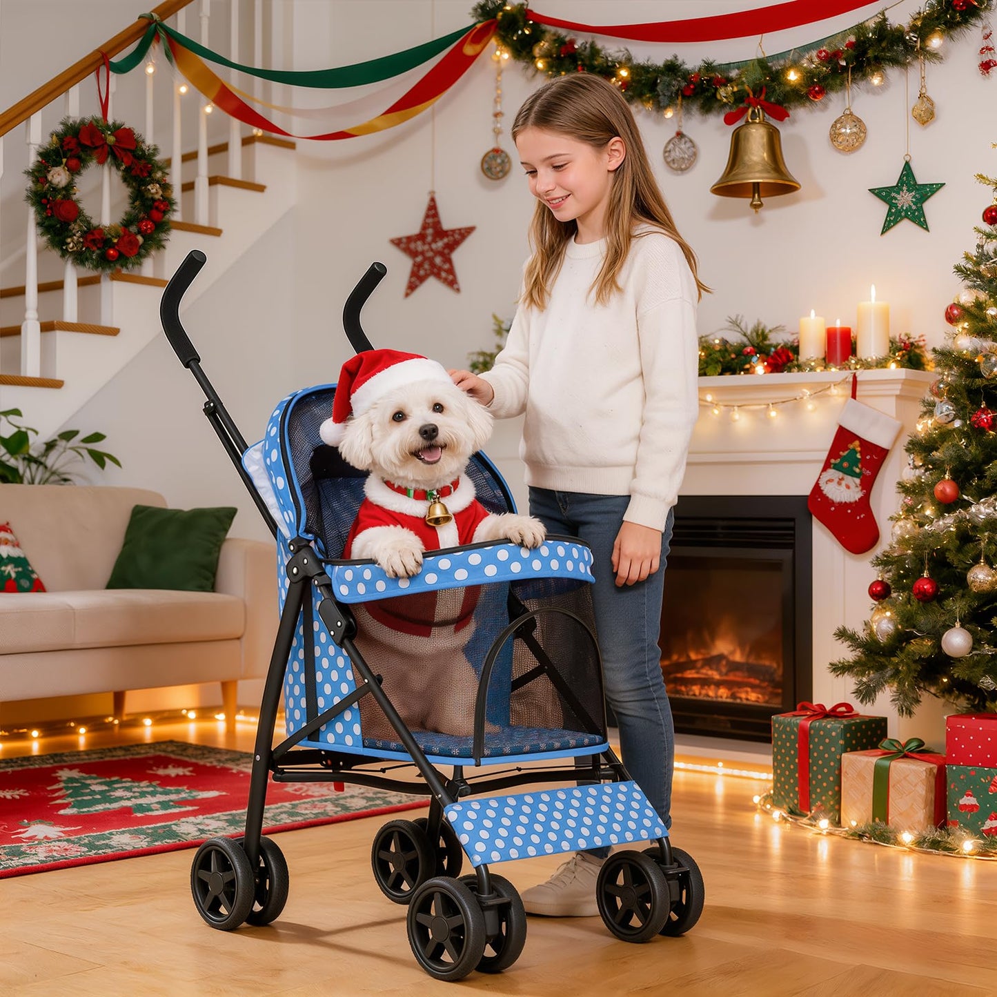 MoNiBloom 4 Wheels Pet Stroller, Easy-Fold Umbrella Shaped Dog Cat Jogger Stroller w/Storage Bag & Visible Mesh for Small/Medium Dogs Cats Sky Blue Polka Dots
