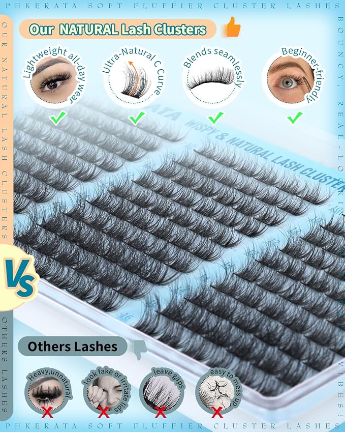PHKERATA Wispy Lash Clusters Natural Eyelash Clusters 180Pcs Cluster Eyelash Extensions C Curled Cluster Lashes DIY Individual Lashes Soft Eye Lash Extension with Ultra-thin Band, 10-16MM