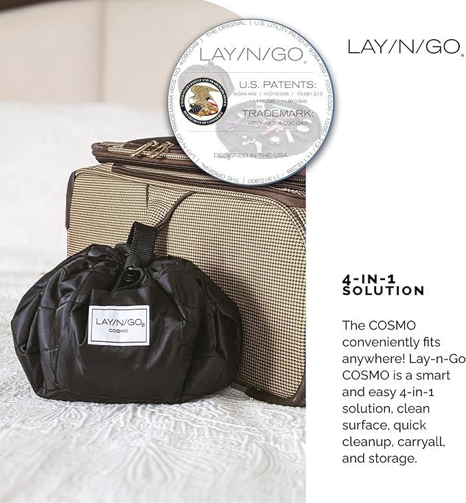 Lay-n-Go Cosmo Lay Flat Drawstring Cosmetic & Makeup Bag Organizer - Zipper Pocket, Brush Loops & Storage - Machine Washable, Toiletry Carrier for Travel, Cinch Closure, Gift (20", Sky Blue)