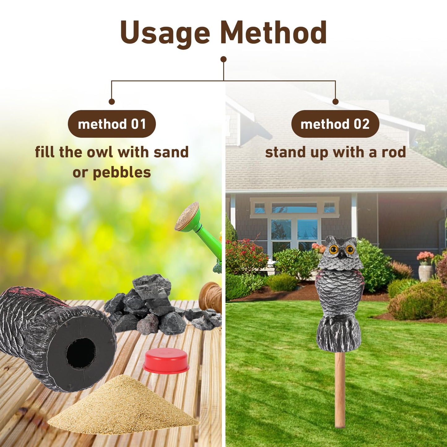 Owl Decoys to Scare Birds Away, 2 Pack BobbleHead Fake Owls Plastic Scarecrow Bird Deterrent, Nature Enemy Scarecrow Plastic Owl Statues, Garden Decor Statues for outside, Patio, Lawn, Yard Decoration