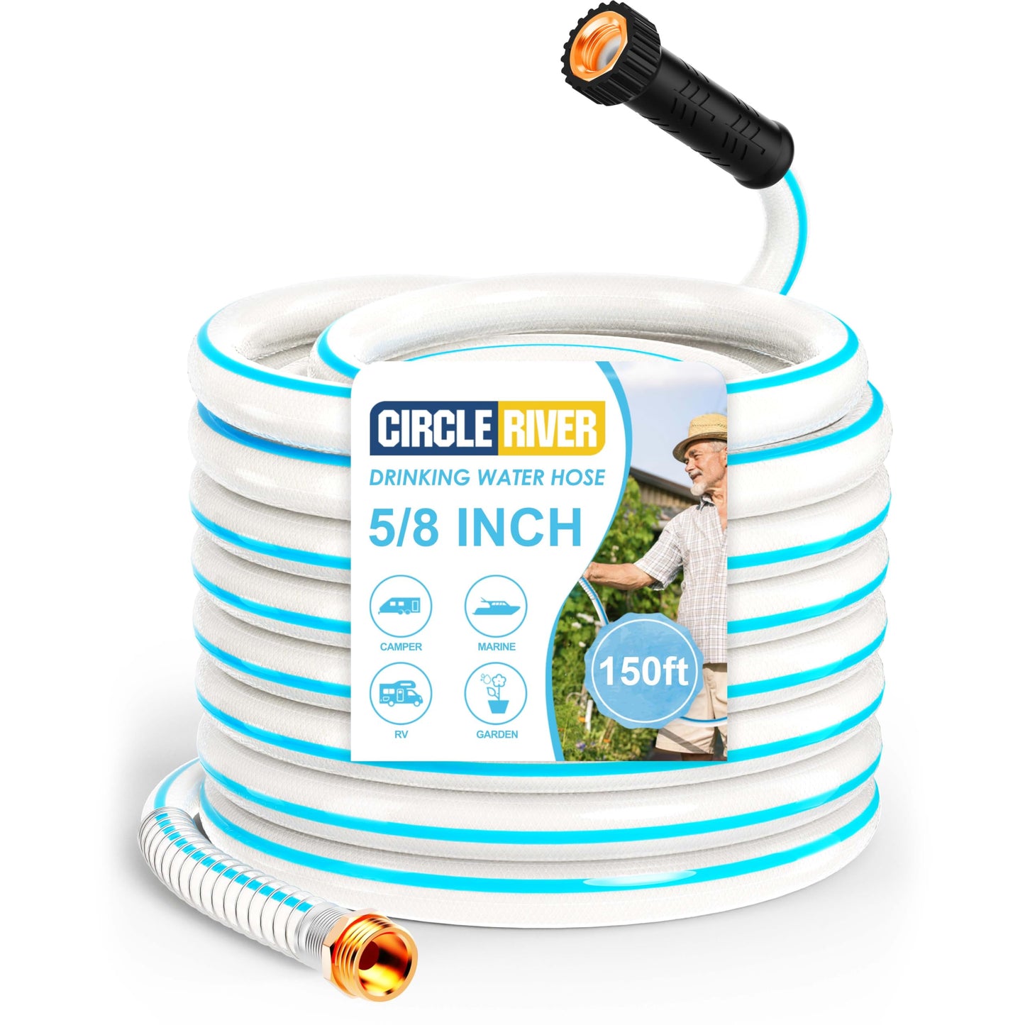 CircleRiver RV Water Hose, 5/8" Premium RV Drinking Water Hose for RV, Camping, Marine, Trailer and Truck, BPA Free, Anti-Kink and Leak-Free, Drinking Water Safe (White, 150FT)
