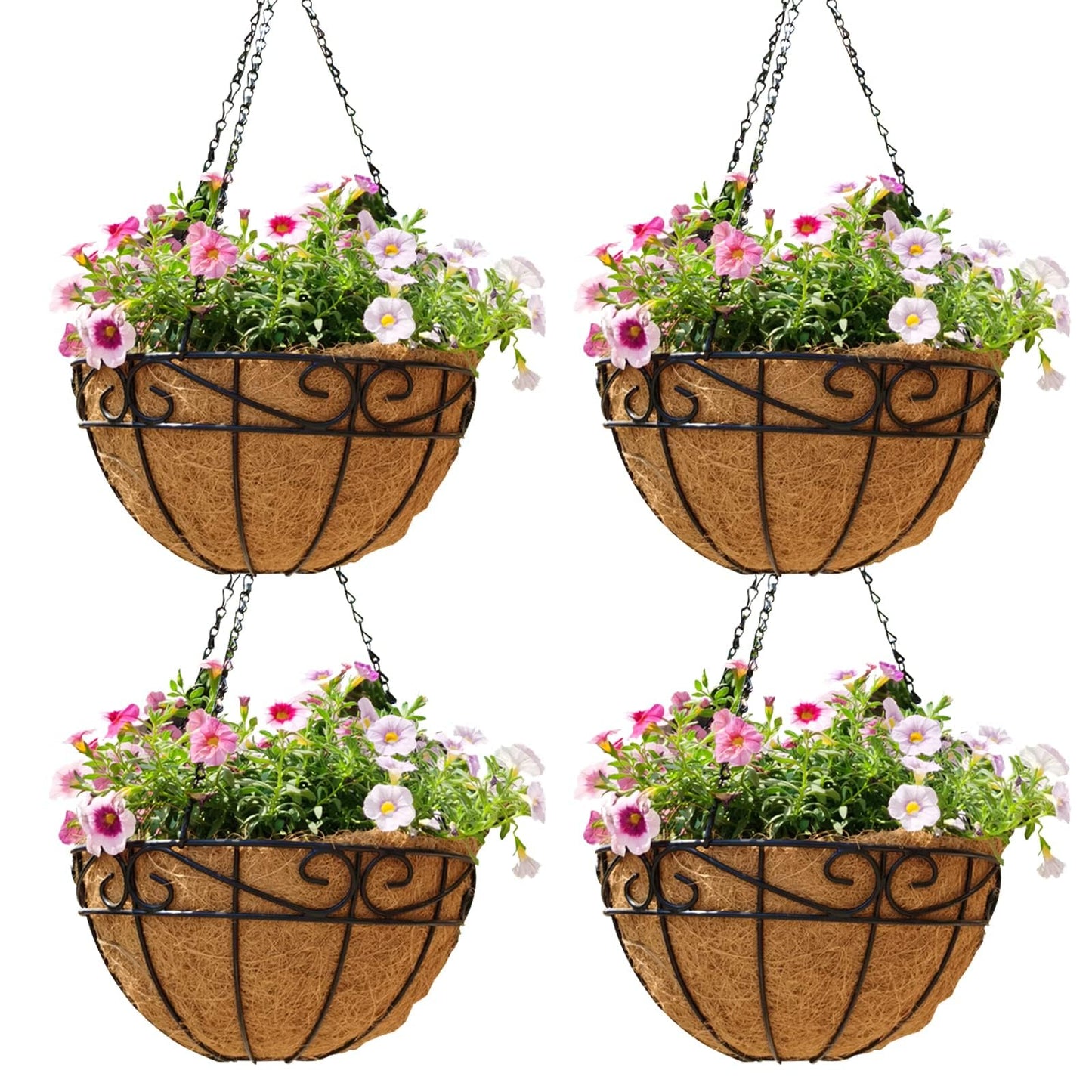 12 inch Metal Hanging Baskets For Plants Outdoor 4 Pack Round Metal Wire Hanging Basket Planter with Coco Fiber Liners Chain Round Wire Plant Holder for Garden, Patio, Deck, Porch Plants Flower Potss
