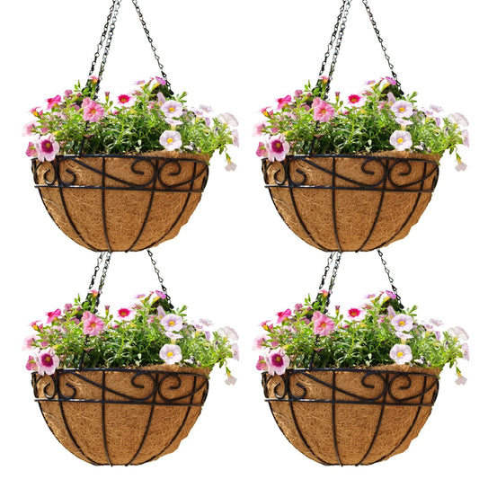 12 inch Metal Hanging Baskets For Plants Outdoor 4 Pack Round Metal Wire Hanging Basket Planter with Coco Fiber Liners Chain Round Wire Plant Holder for Garden, Patio, Deck, Porch Plants Flower Potss