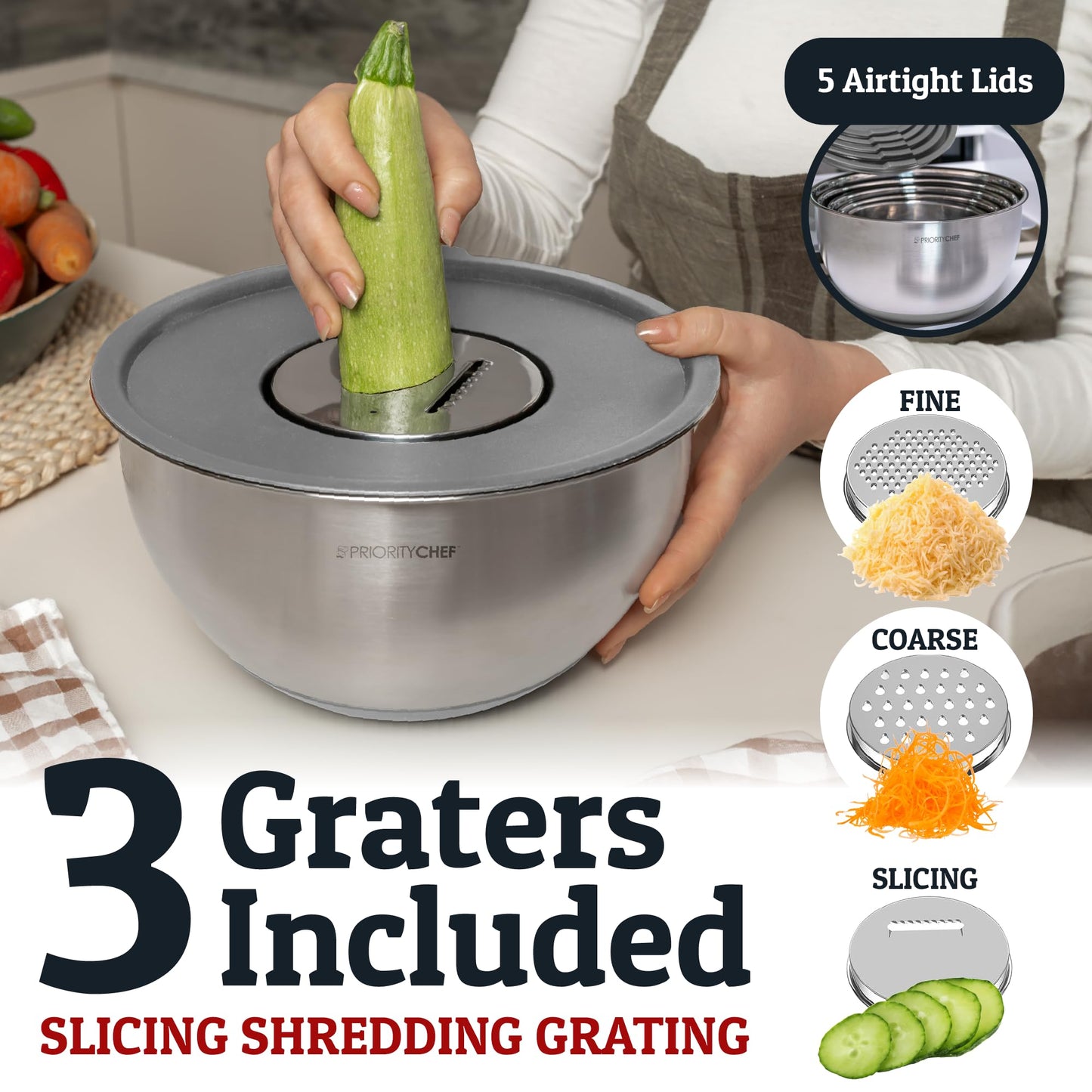Priority Chef Stainless Steel Mixing Bowls with Lids Set, 3 Grater Attachments, Airtight Lids, Non-Slip Silicone Base Mixing Bowl Set, Large Prep Metal Mixing Bowls for Kitchen, Grey