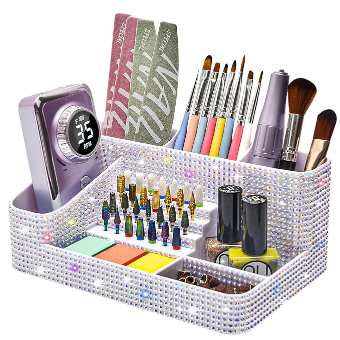 CGBE Nail Drill Holder, 28 Holes Drill Bit Holder for Nails, Professional Nail Tool Organizer, Nail Desk Organizer for Nail Tech, Nail Salon DIY Use - Bling dz-White (Not Including Nail Drill Set)