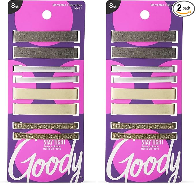Goody Stay Tight Hair Barrettes - 8 Ct, Assorted Metallic Colors, Non-Slip Flat Hair Clips, Comfortable & Versatile Hair Accessories for Women & Men, Hair Clips for All Hair Types (Pack of 2)