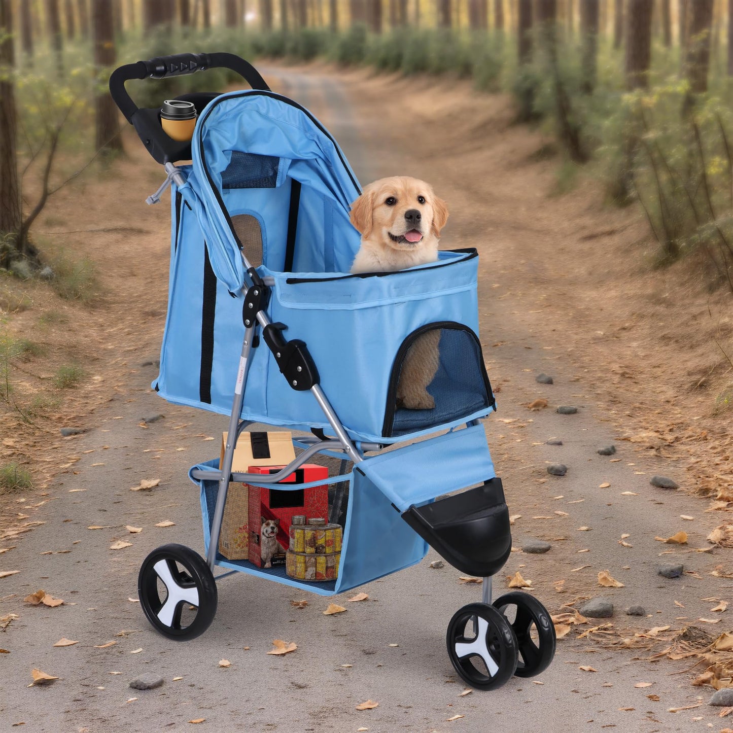 Foldable Pet Stroller for Cats and Dogs 3 Wheels Carrier Strolling Cart with Weather Cover, Storage Basket + Cup Holder (Blue)