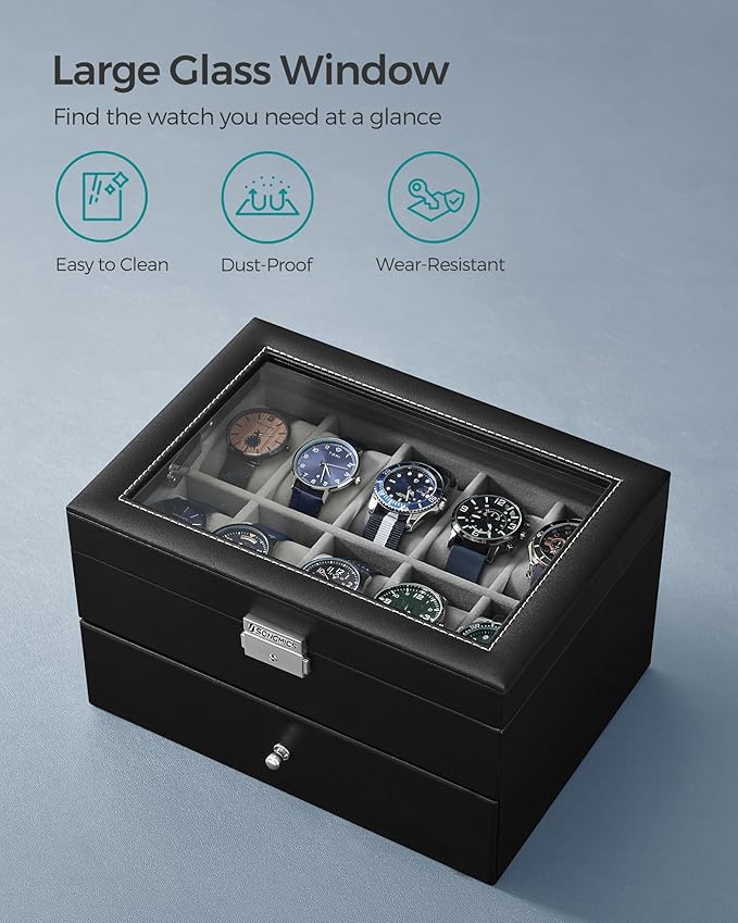 SONGMICS Watch Box, 20-Slot Watch Case Organizer with Large Glass Lid, Removable Pillows, Metal Lock, Gift for Loved Ones, Black Synthetic Leather, Gray Lining UJWB006V1