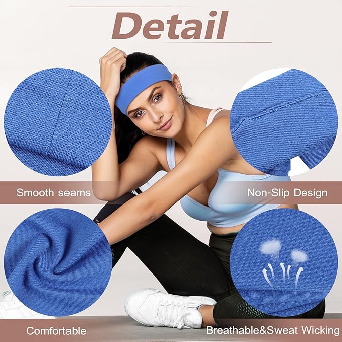 DiyJibb Headbands for Women, Stretchy Non Slip Soft Cotton Cloth Hair Bands for Sports, Workout, Yoga and Running, 7pcs
