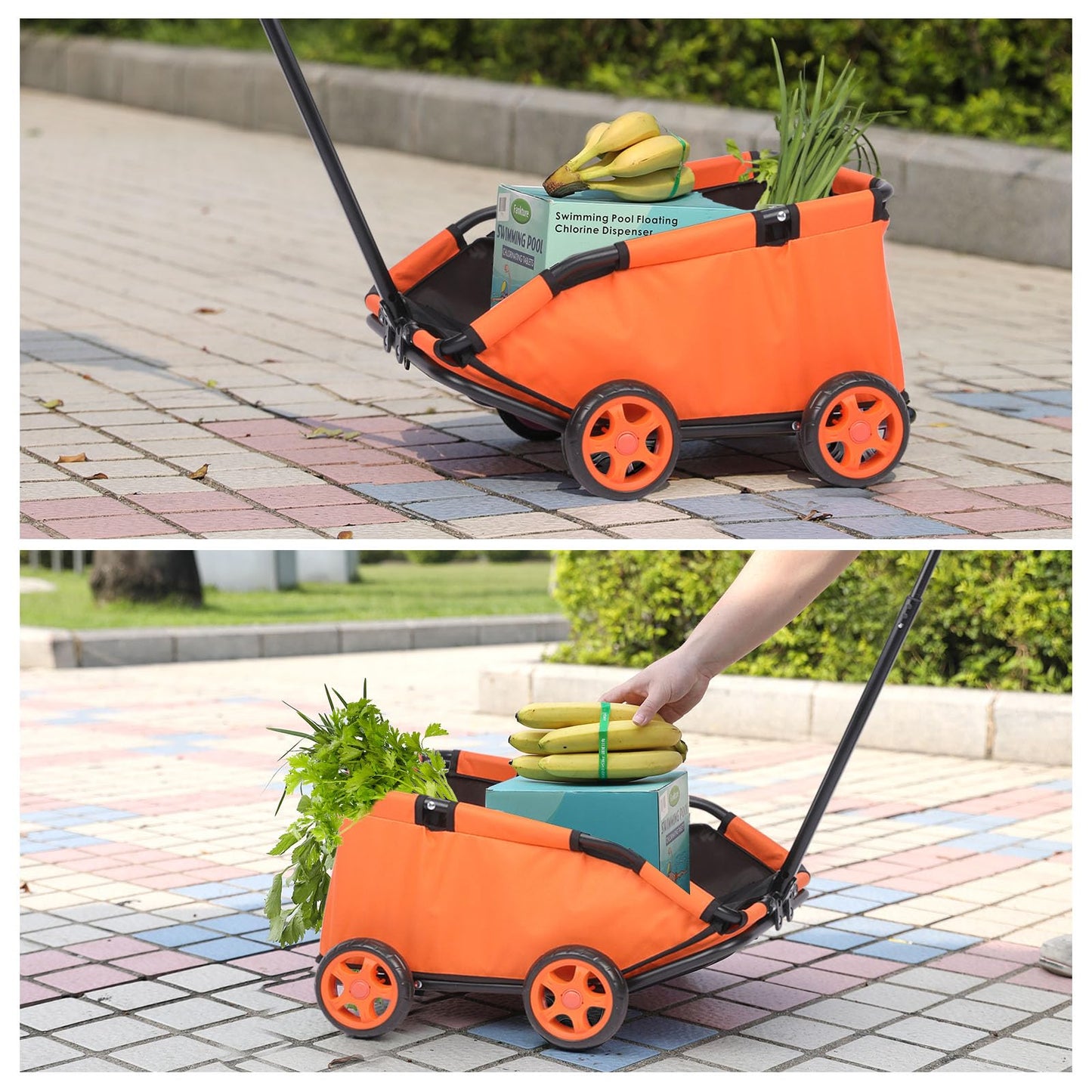 AESRAOU Mini Dog Strollers for Mini Pets, Foldable Multifunctional Shopping Carts with Extendable Pull Handle, Doggie Wagon Built-in Cushion and Safety Rope with Storage Bag (Orange)