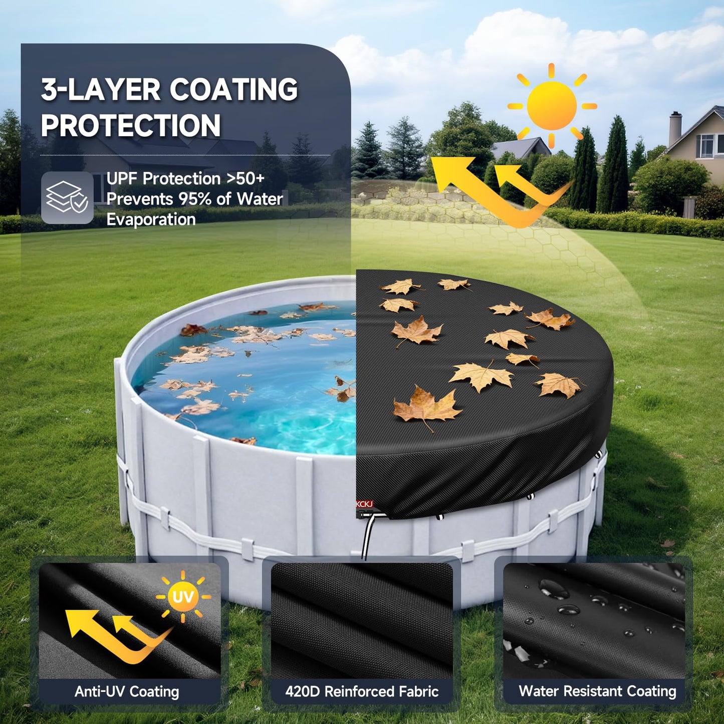 LXKCKJ 10 Ft Round Pool Cover, Solar Pool Covers for Above Ground Pools, Summer Pool Cover Protector with Cover Accessories, Round Hot Tub Cover Ideal for Waterproof and Dustproof (Black)
