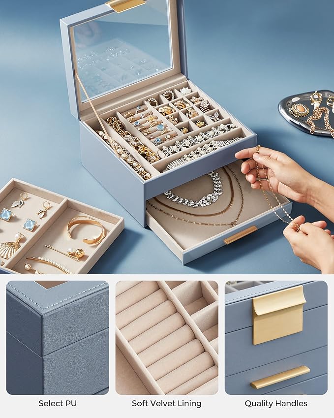 SONGMICS GISELLA Collection - Jewelry Box Organizer, 3-Layer Jewelry Storage with 2 Drawers, Shiny Metal Hardware, Glass Lid, Modern, 8 x 9.1 x 5.3 Inches, Smoky Blue and Gold Color UJBC239Q01