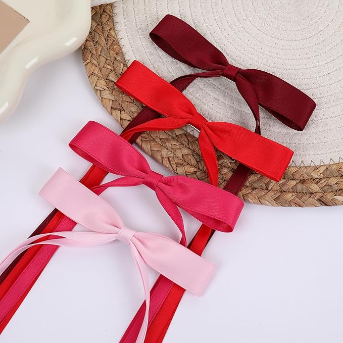 Hair Bows Clips Coquette Ribbon Bowknot with Long Tail Princess Hair Bows French Barrettes Hair Accessories for Women Girls 16PCS (Red, Rose red, Wine red, Pink)
