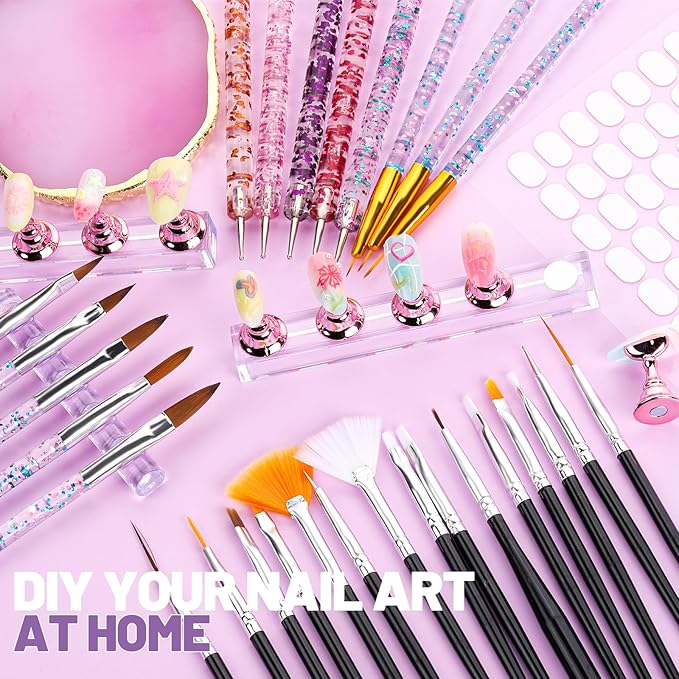 Teenitor Nail Art Tools Set, 23 Pcs Nail Art Brushes, 5 Pcs Nail Dotting Tool, 2 Set of Nail Stand, 100 Pcs Double-Sided Adhesive Tabs, Nail Art Palette, Brushes Holder for DIY Nail Art