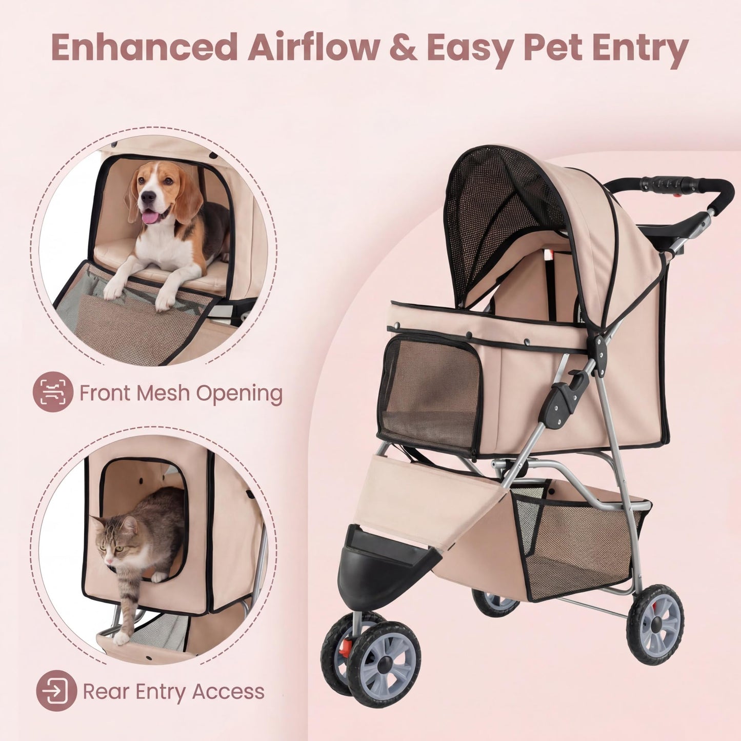 Giantex 3 Wheel Foldable Dog Stroller for Small Dogs Cats, Lightweight Pet Stroller with Lockable Wheels, One-Hand Quick Fold, Mesh Windows, Safety Leash & Storage Basket, Pet Travel Stroller (Beige)