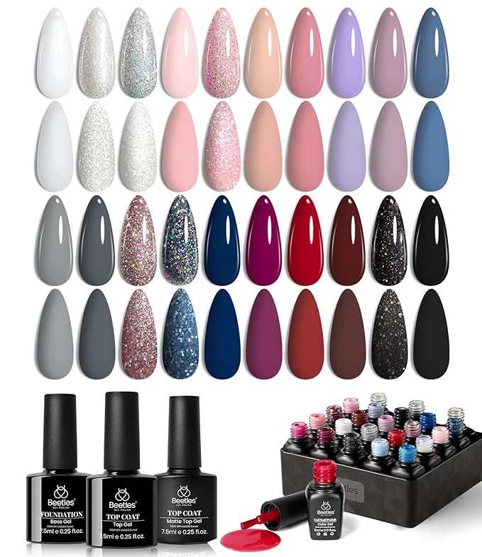 Beetles Gel Polish Kit, Nude Gray Pink Blue Burgundy Glitter Gel Polish Set Modern Muse Collection with 3Pcs Base Matte Glossy Top Coat Soak off Uv Gel for Women