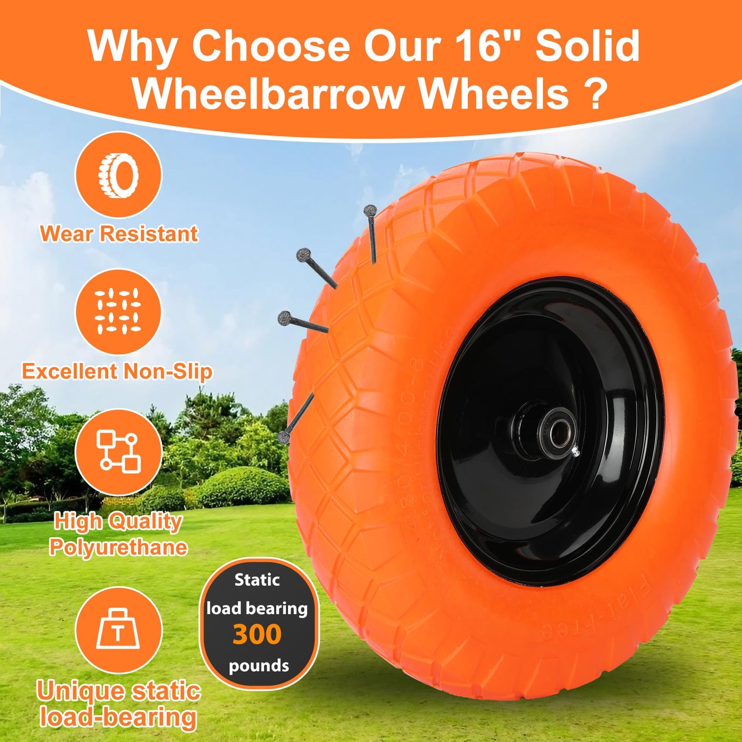 Pontuss Upgraded 16" Flat Free Wheelbarrow Wheels and Tires, 4.80/4.00-8 Solid Tires with 5/8"&3/4" Bearings, Universal Fit for Wheelbarrows/Garden Trailer
