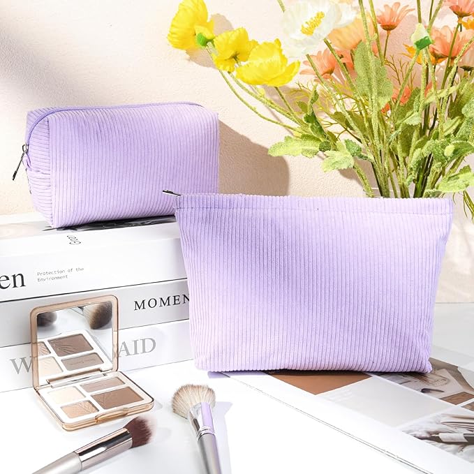 SOIDRAM 2 Pcs Corduroy Makeup Bag Large Cosmetic Bag Toiletry Bag Makeup Pouch Travel Bag Organizer Cute Makeup Brushes Aesthetic Accessories Storage Bag for Women Purple
