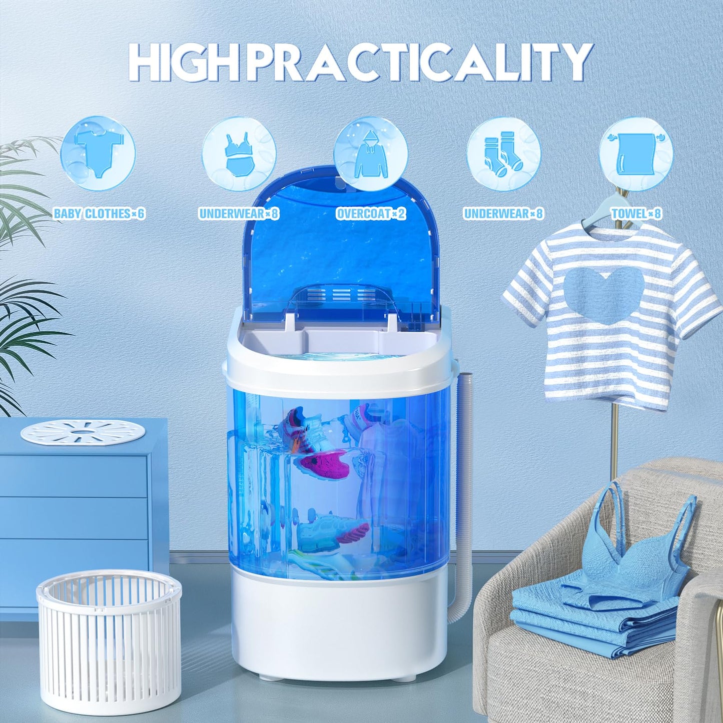 INTERGREAT Portable Washing Machine, 6.6 Lbs Mini Washer Machine, Single Tub Laundry Small Washer for Apartments, Dorms, RV, Traveling (Blue)